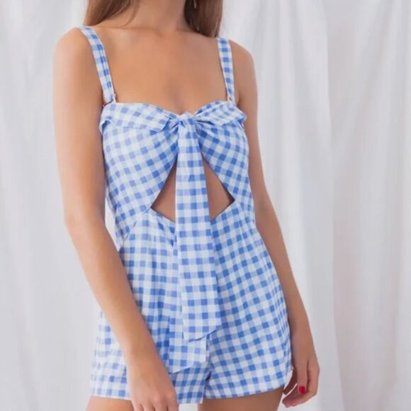FOR LOVE AND LEMONS Gingham Blue Dixie Bow Romper, Size S - Picture 1 of 15